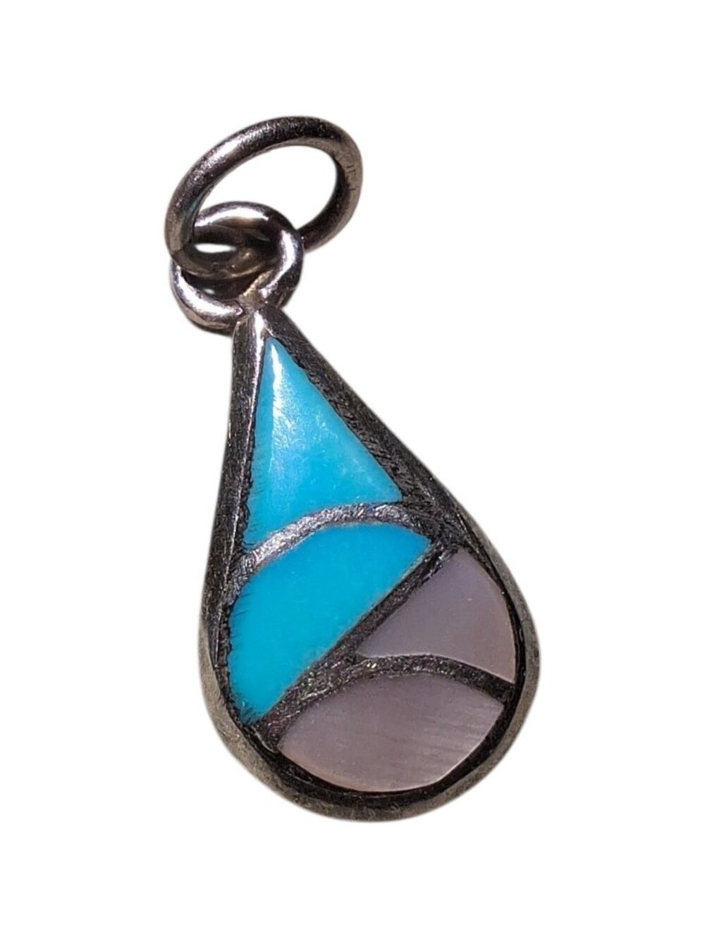 Sterling Silver Signed Native Turquoise Pearl Inlay Pendant Teardrop Small